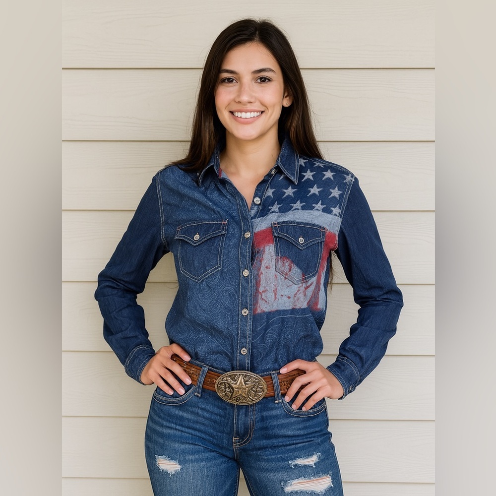 Affliction Woman’s Denim America Flag Western Button-Up Shirt- Small